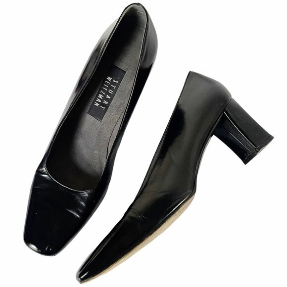 Stuart Weitzman Black Polished Leather Square Toe Block Heel Women’s Size 8W - Picture 2 of 14